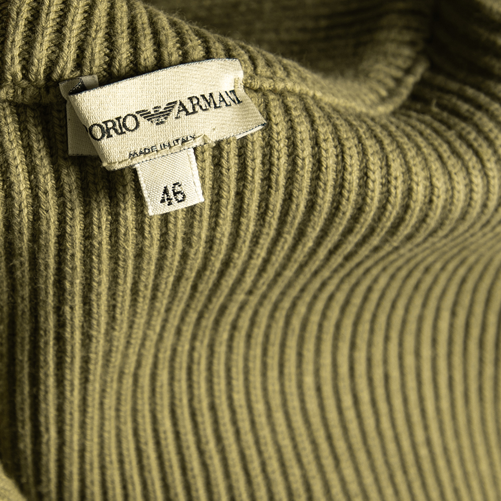 Emporio Armani Olive Green Rib Knit Zip Front Long Sleeve Jacket L