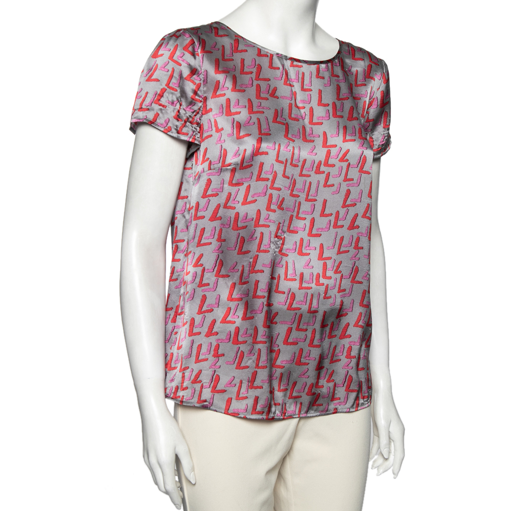 Emporio Armani Grey Graffiti Print Satin Silk Blouse M