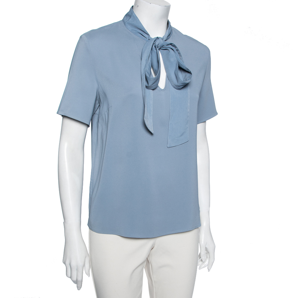 Emporio Armani Blue Crepe Front Bow Tie Blouse L