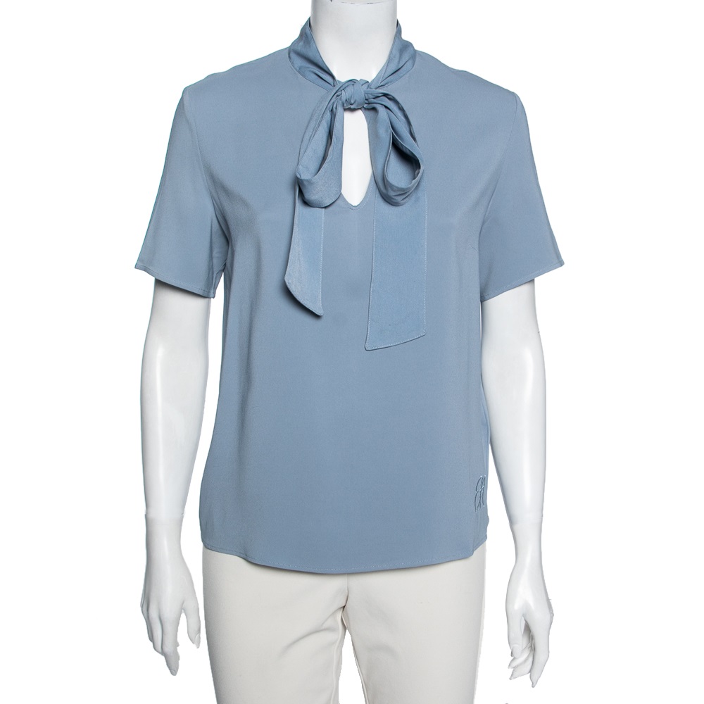 Emporio armani blue crepe front bow tie blouse l