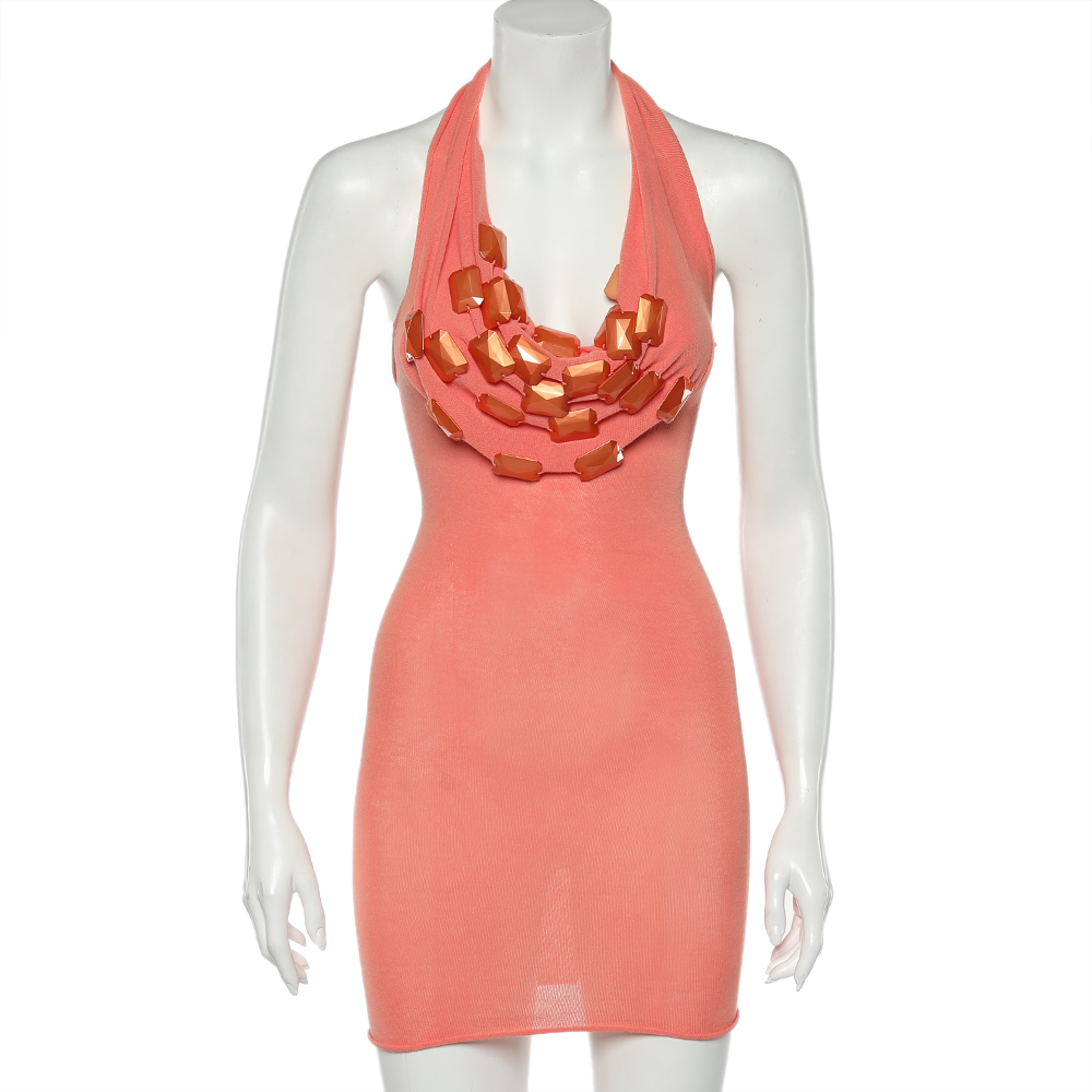 Emporio armani orange knit embellished detail halter neck mini dress s