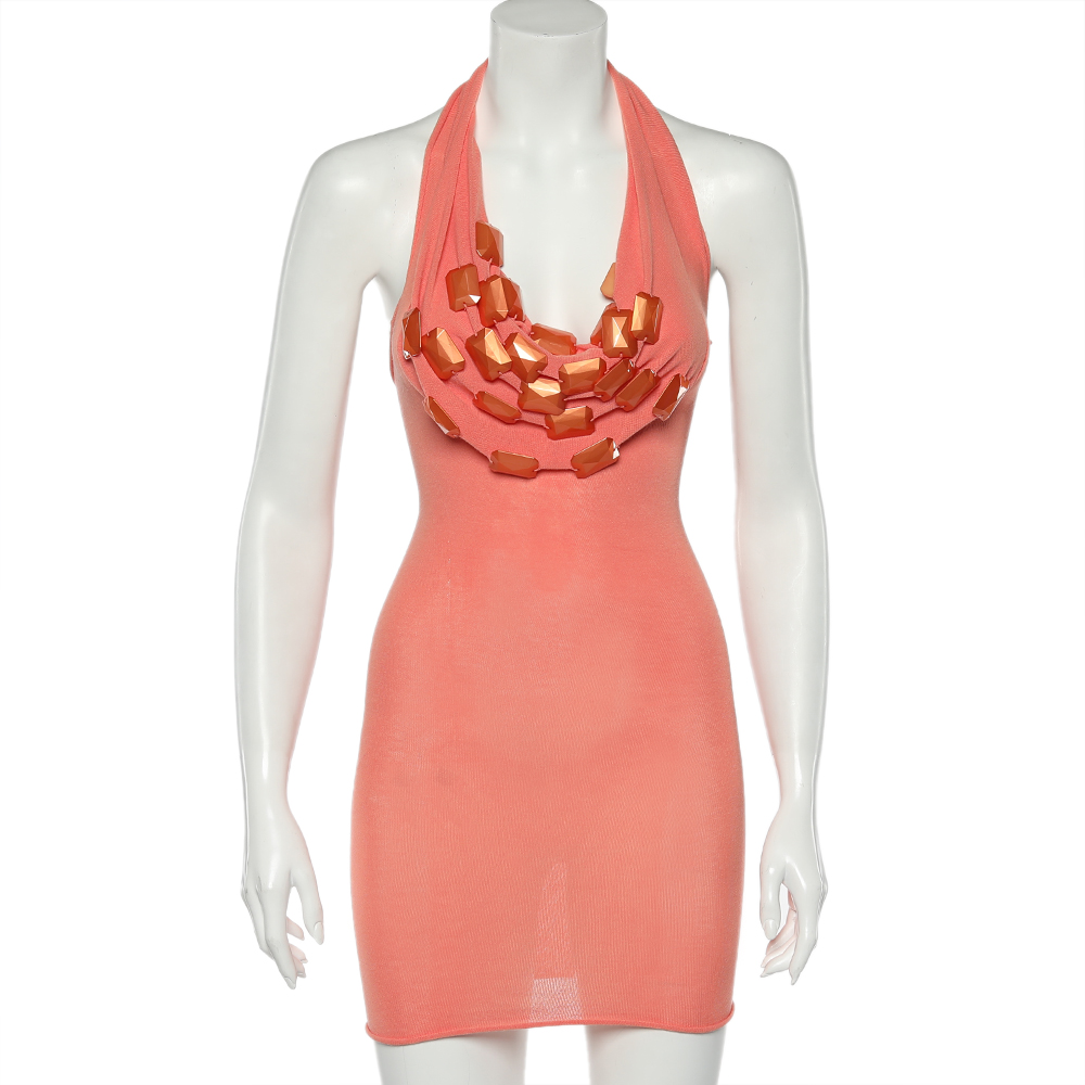 Emporio Armani Orange Knit Embellished Detail Halter Neck Mini Dress S