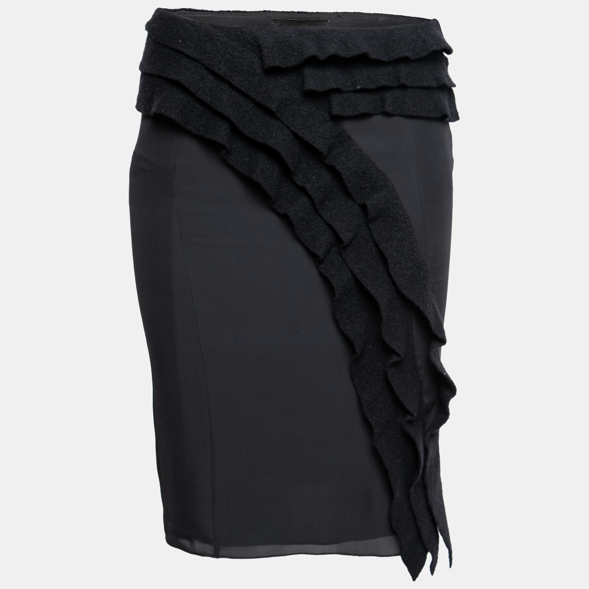 Emporio Armani Black Silk & Wool Ruffle Trimmed Skirt S