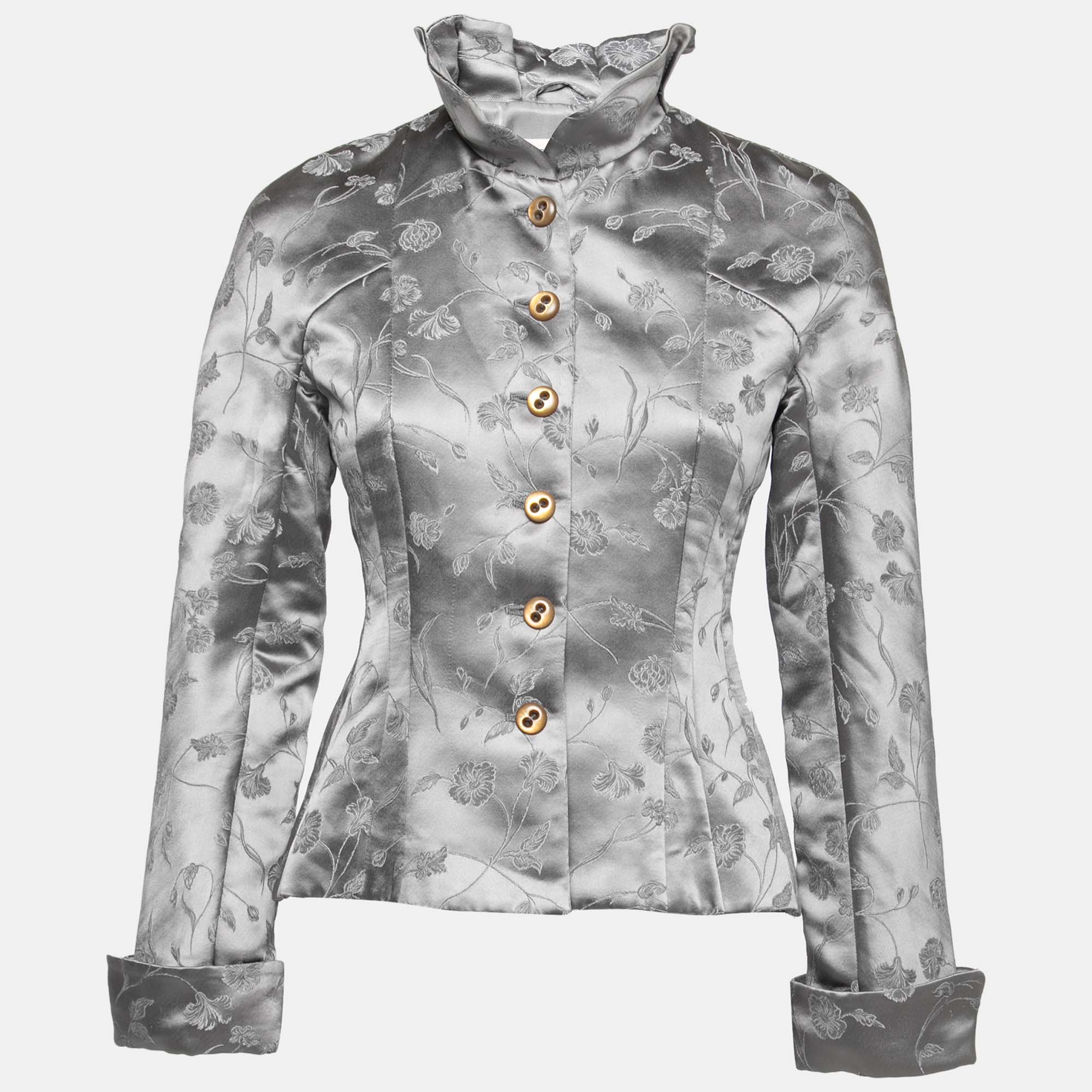 Emporio armani grey floral embroidered button front jacket m