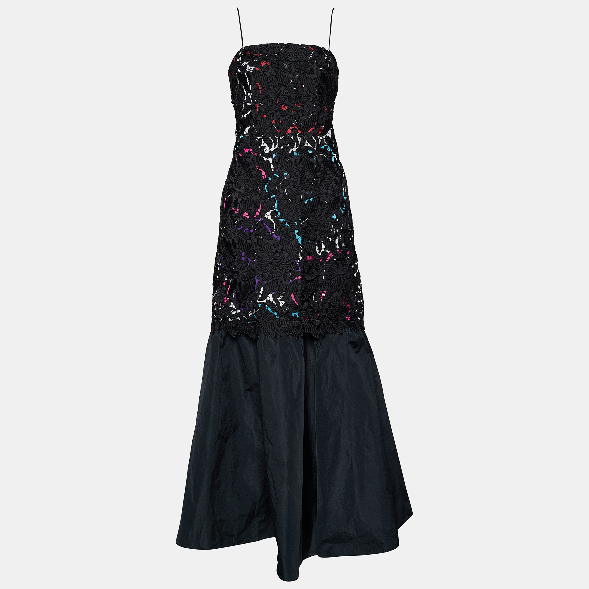 Emporio armani black printed satin & lace overlay maxi dress m