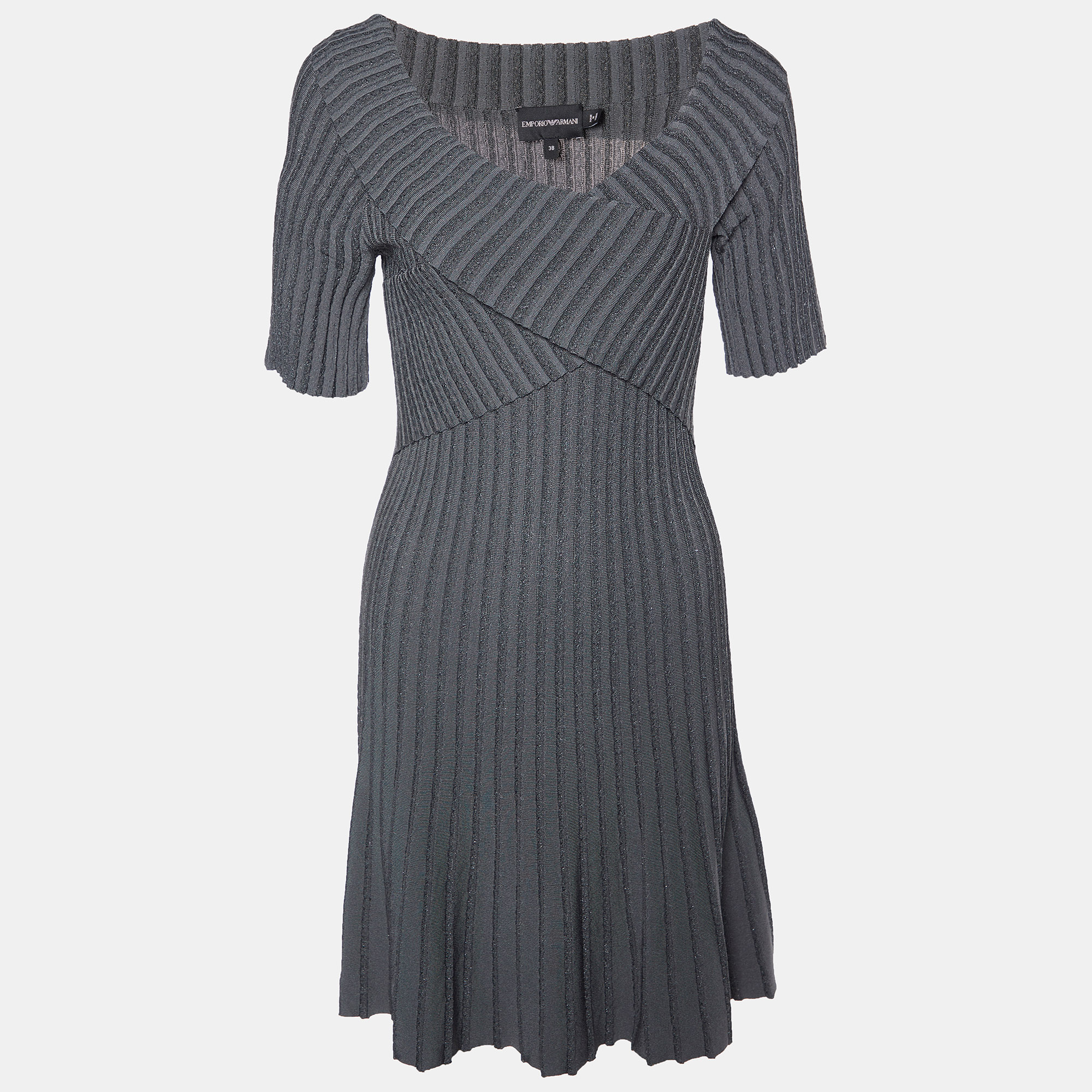 Emporio Armani Charcoal Grey Lurex Knit Crossover Detail Midi Dress S