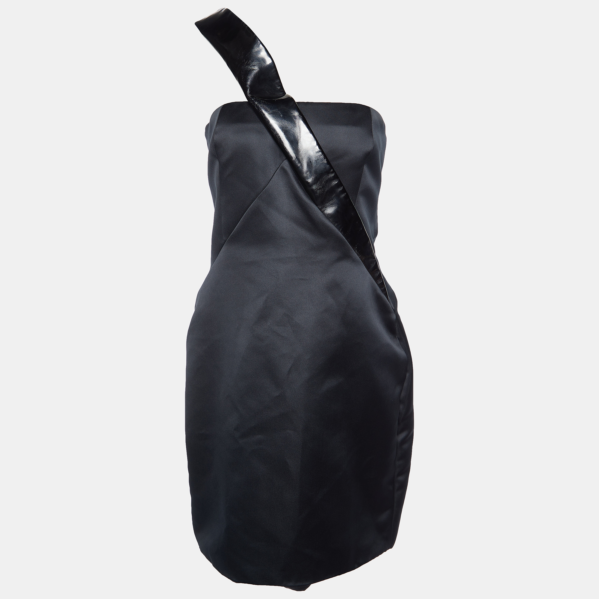 Emporio Armani Black Satin & Leather Shoulder Detail Mini Dress M