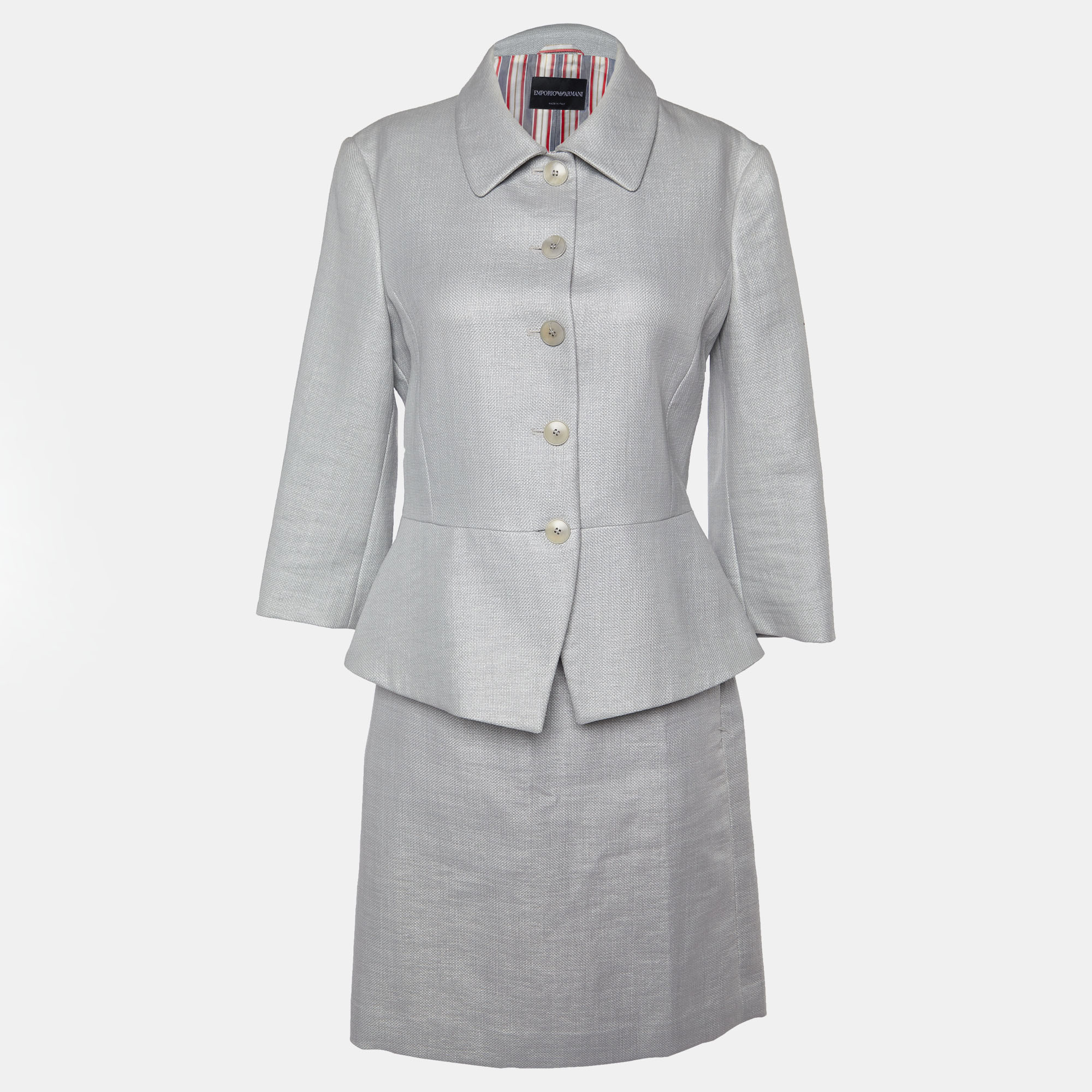Emporio armani grey nylon single breasted blazer & skirt set m