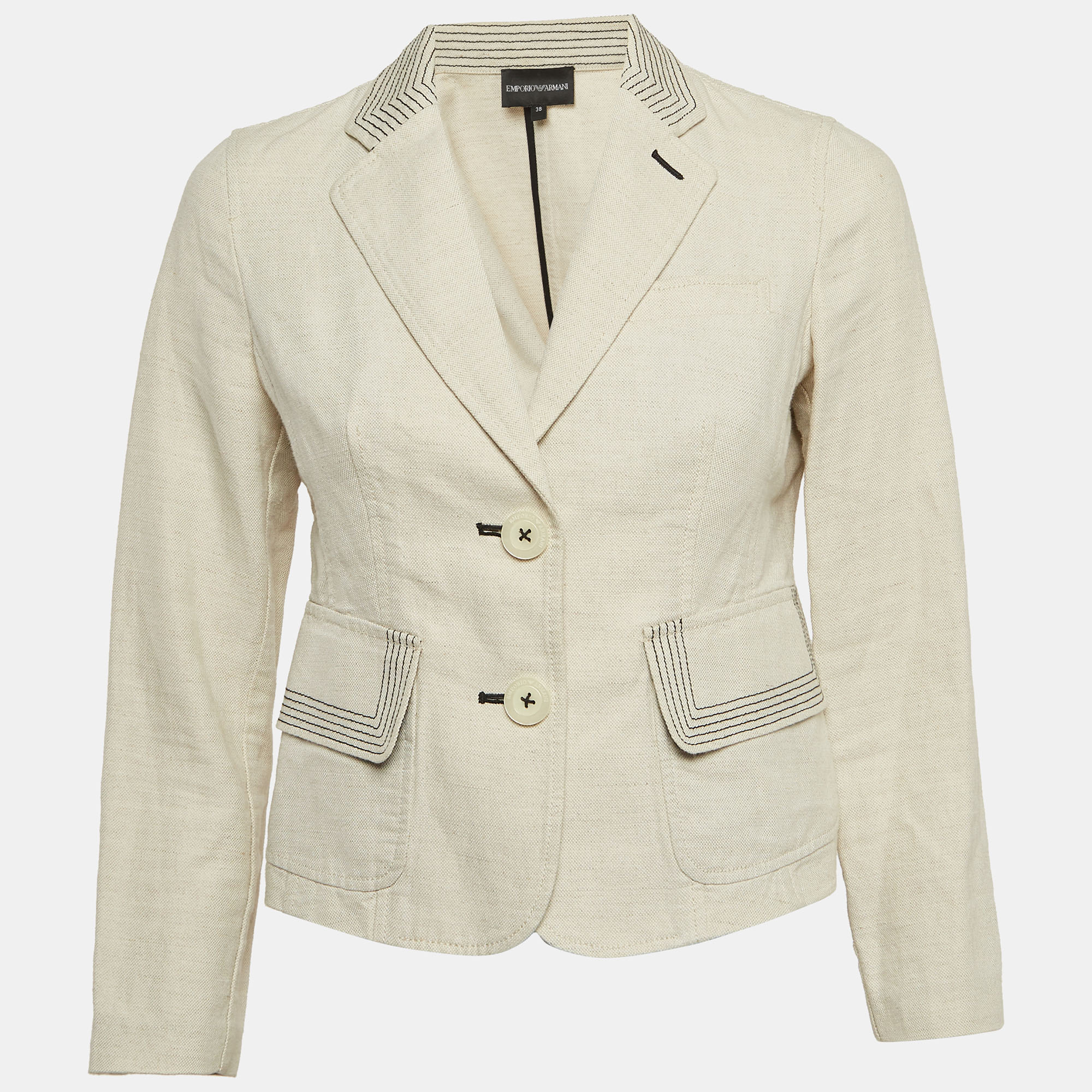 Emporio armani cream contrast stitch cotton blend single breasted blazer s