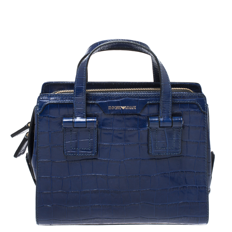 Image of Emporio Armani Blue Croc Embossed Leather Satchel