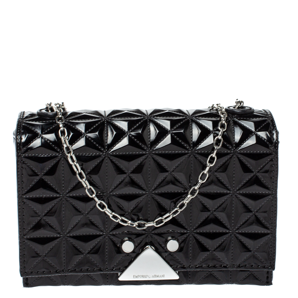 Image of Emporio Armani Black Quilted Leather Flap Chain Shoulder Bag