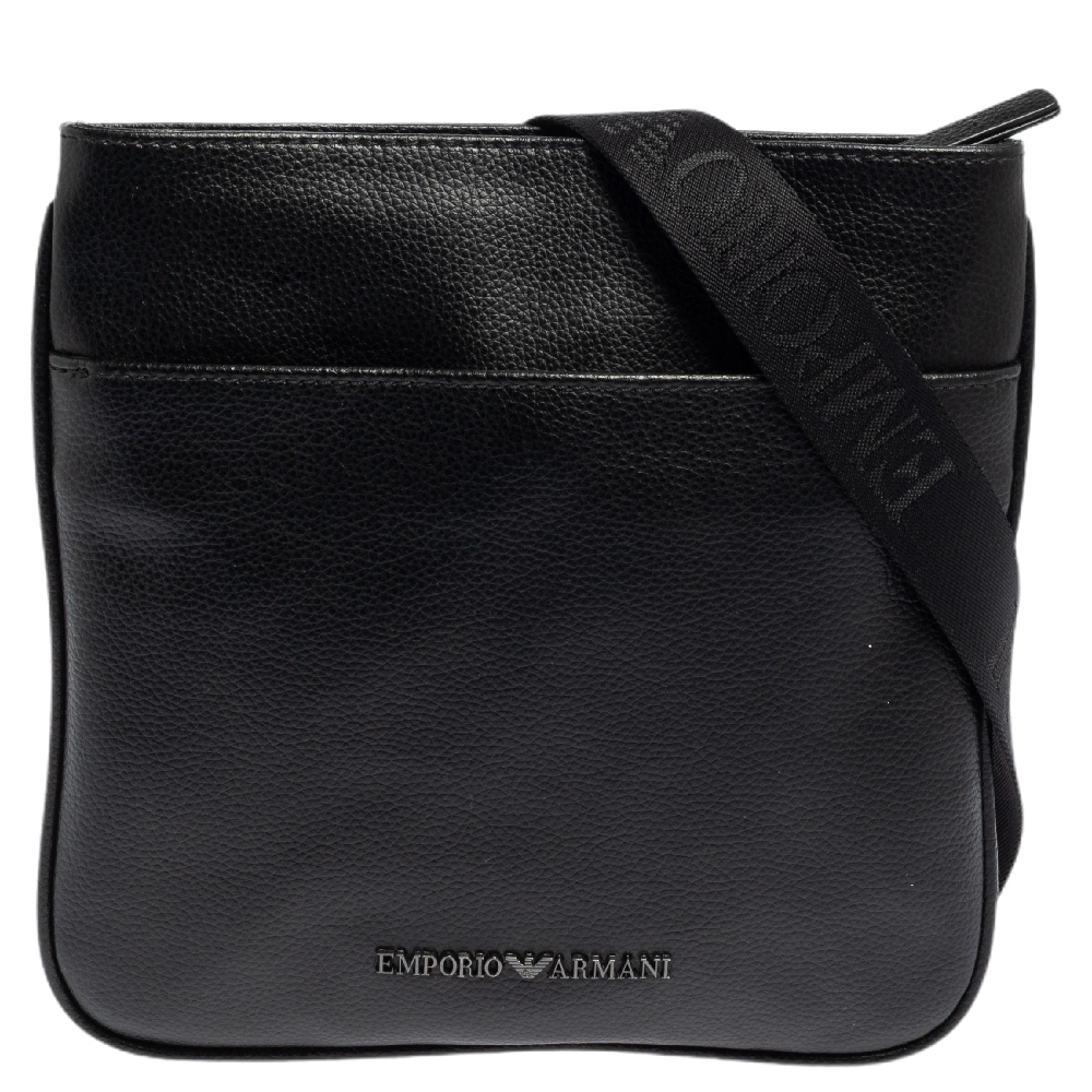 Emporio Armani Black Leather Slim Messenger Bag
