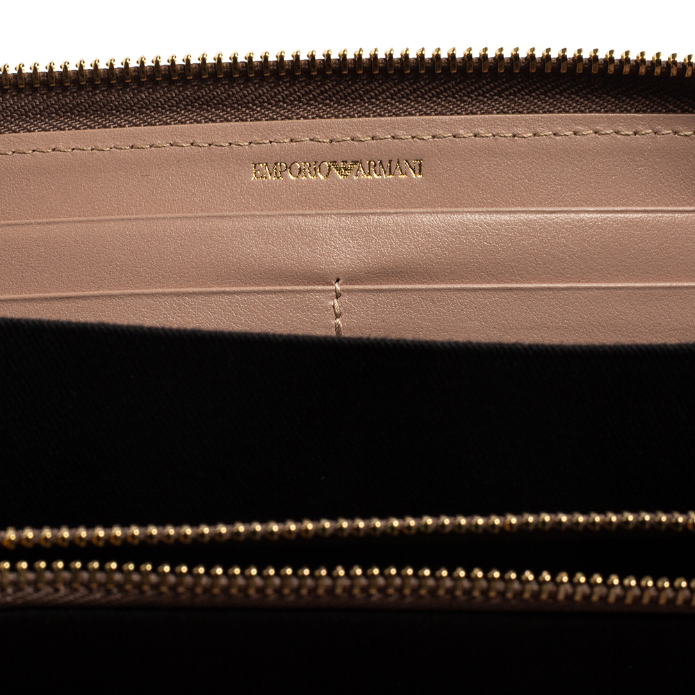 Emporio Armani Beige Printed Leather Zip Around Wallet