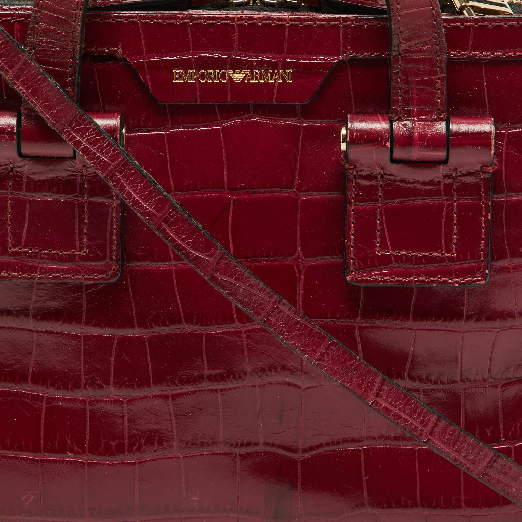 Emporio Armani Red Croc Embossed Leather Zip Satchel