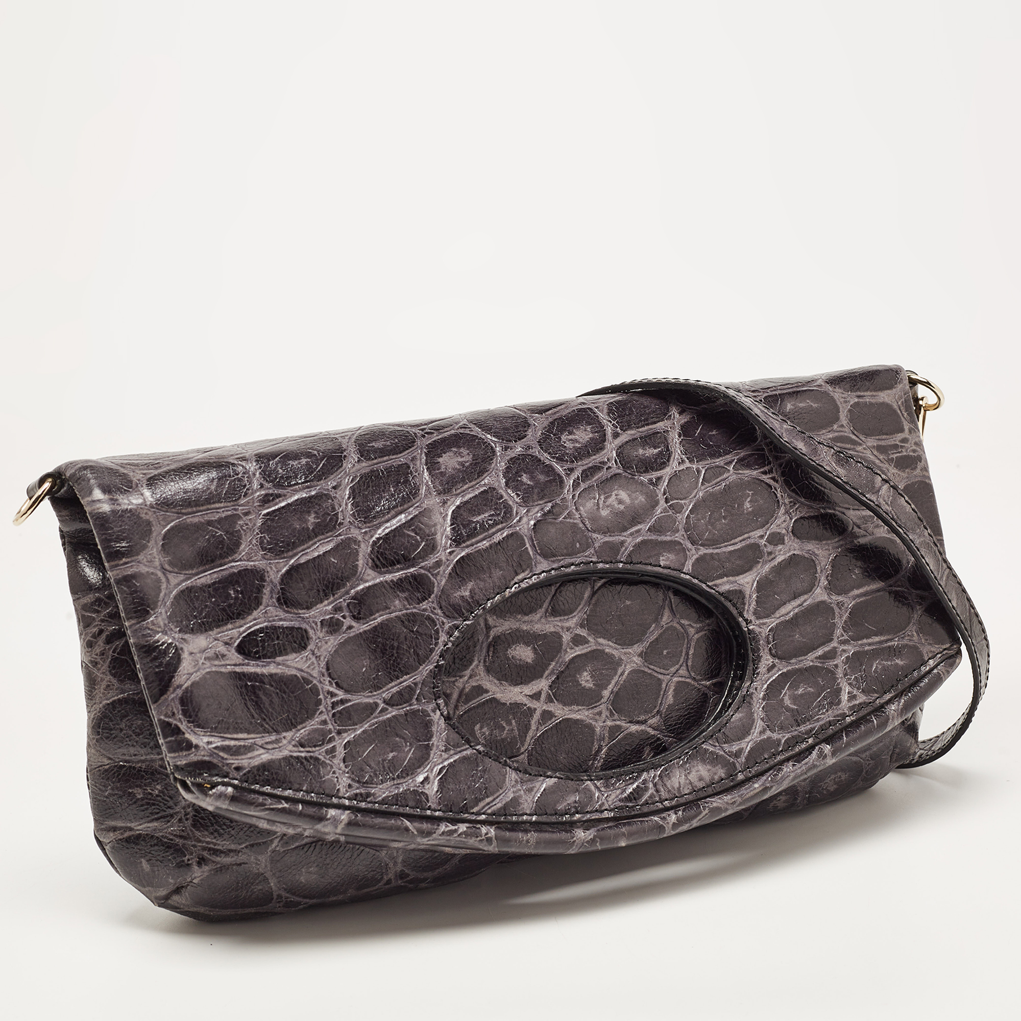 Emporio Armani Grey Croc Embossed Leather Foldover Shoulder Bag