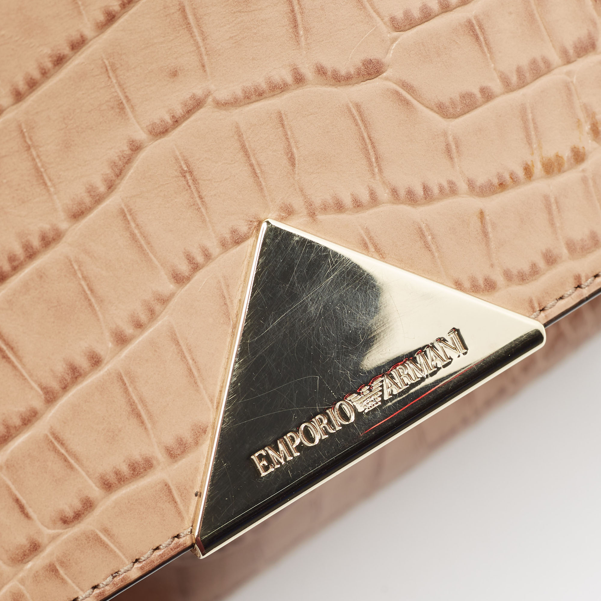 Emporio Armani Beige Croc Embossed Leather Flap Top Handle Bag
