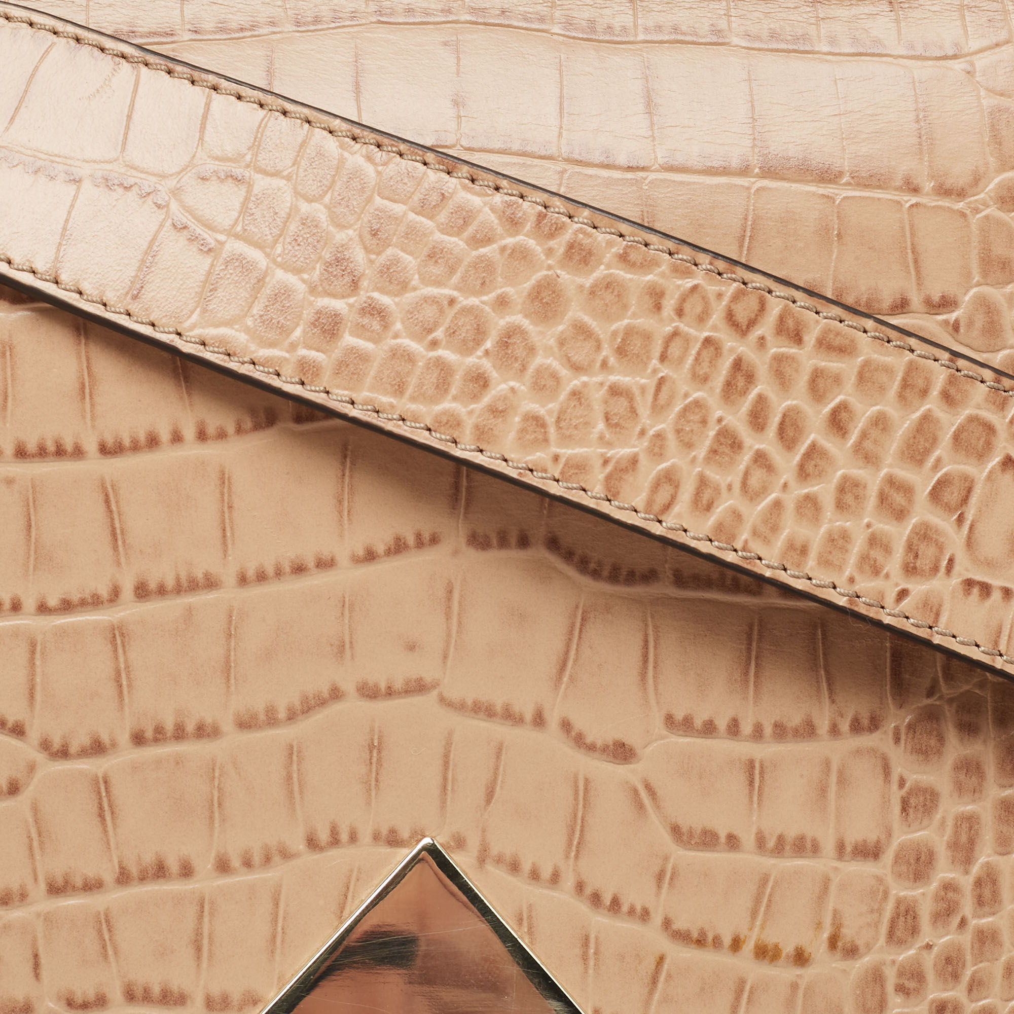 Emporio Armani Beige Croc Embossed Leather Flap Top Handle Bag