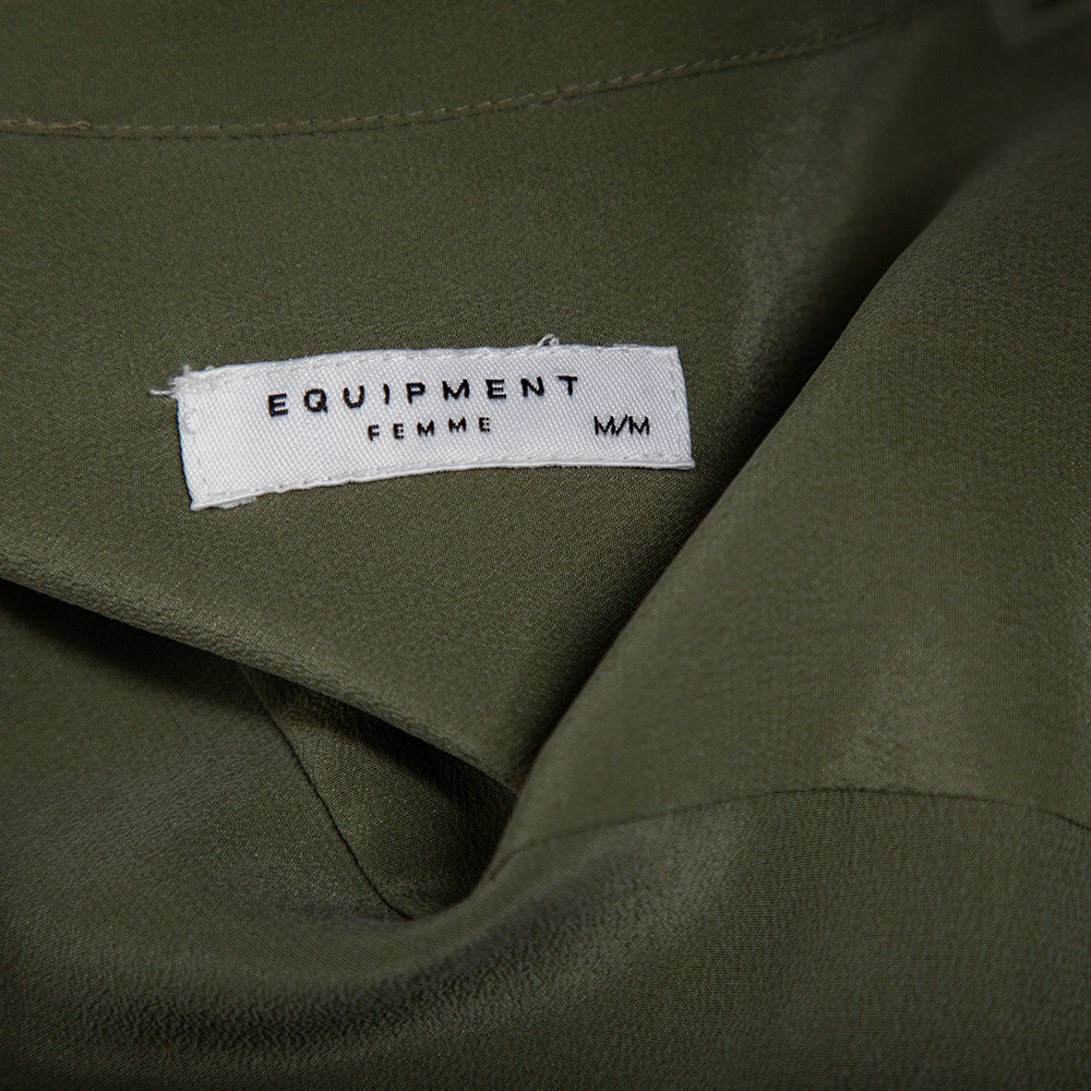 Equipment Military Green Silk Belted Sleeveless Maxi Shirt Dress M