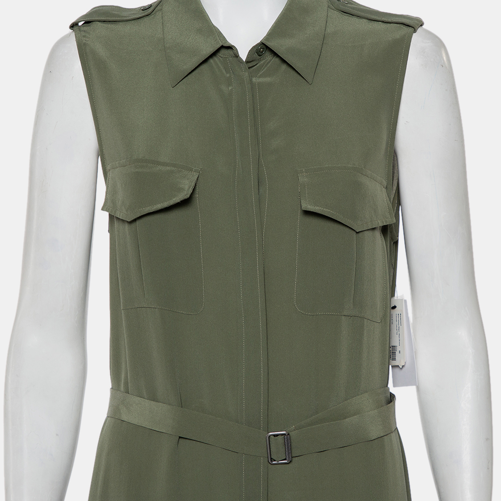 Equipment Military Green Silk Belted Sleeveless Maxi Shirt Dress M