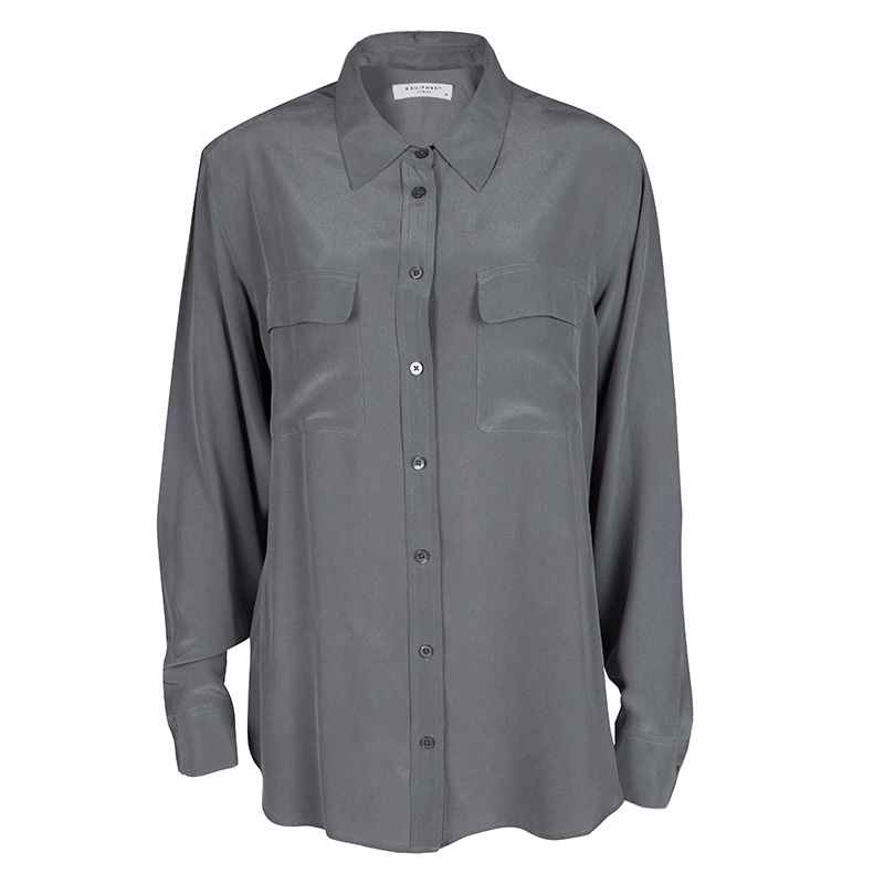 Image of Equipment Gunmetal Grey Silk Long Sleeve Button Front Signature Blouse M
