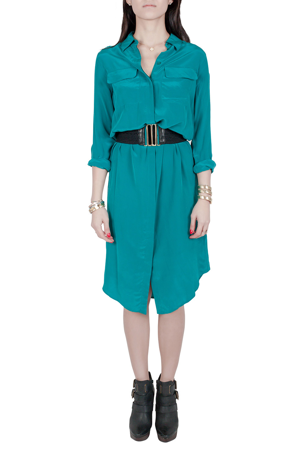 Image of Equipment Femme Everglade Blue Silk Charmeuse Tegan Shirt Dress XS