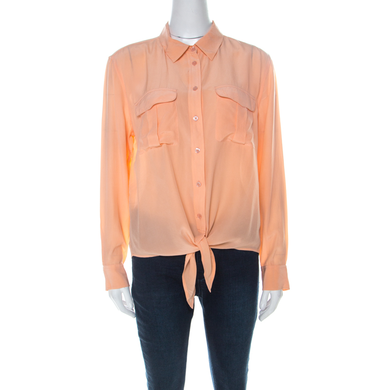 Image of Equipment Pastel Orange Silk Long Sleeve Button Down Shirt S