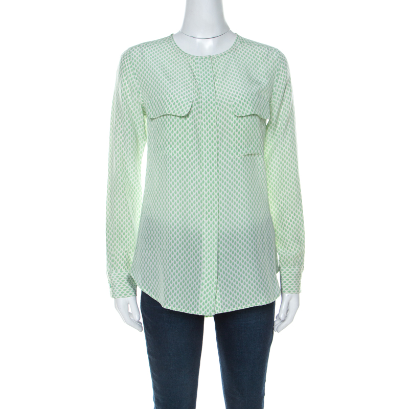 Image of Equipment Light Green and Ivory Raindrop Print Silk Button Front Shirt XS