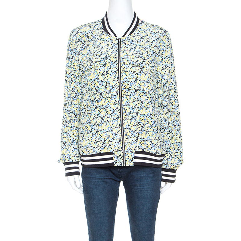 Image of Equipment Multicolor Floral Print Silk Rib Trim Zip Front Abbot Bomber Jacket M