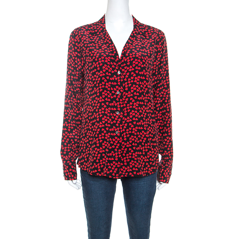 Image of Equipment Black and Red Heart Printed Silk Shirt M