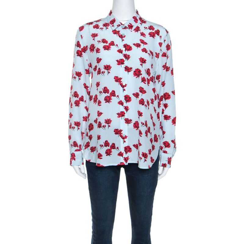 Image of Equipment Light Blue Floral Print Washed Silk Button Front Leema Shirt M