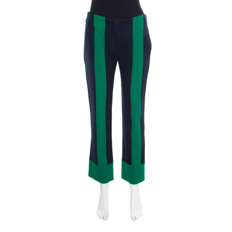 Image of Erdem Navy Blue and Green Colorblock Wool Straight Fit Trousers S