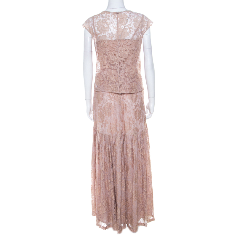 Erdem Light Pink Lace Front Bow Detail Top And Skirt Set M