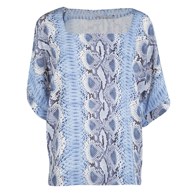 Image of Ermanno Scervino Blue Python Print Silk Short Sleeve Top M
