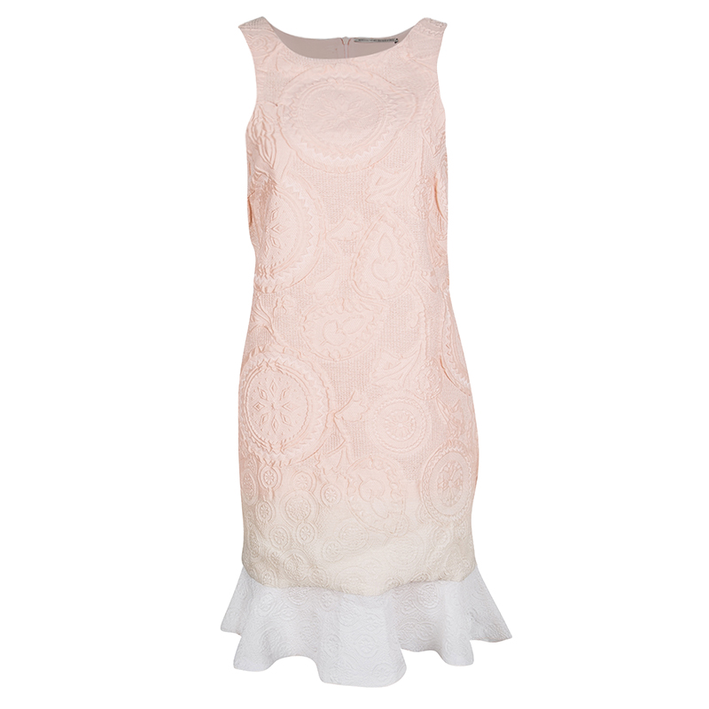 Ermanno scervino peach ombre embossed jacquard ruffled bottom sleeveless dress m