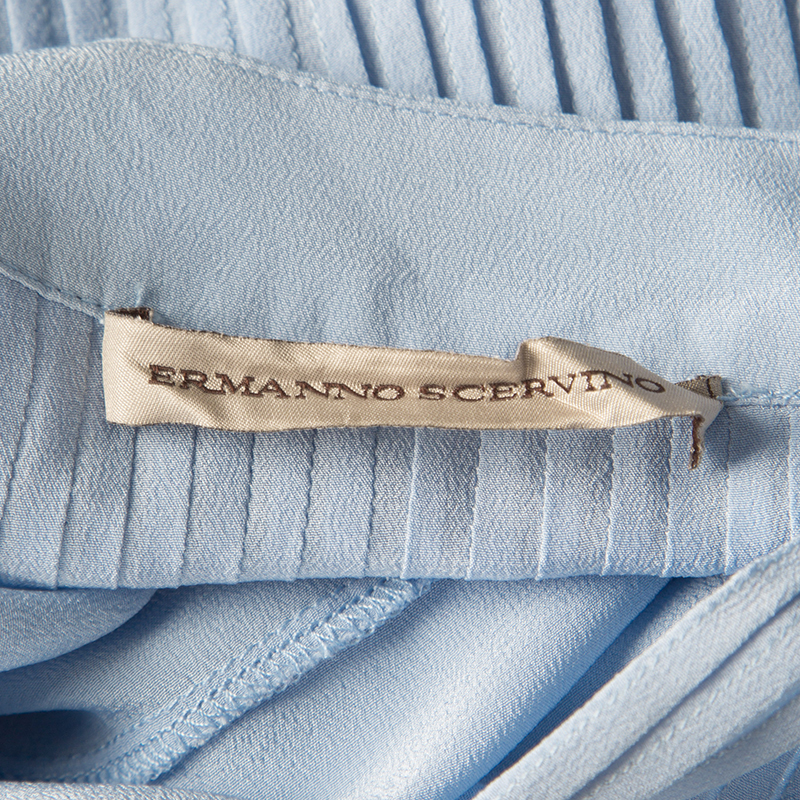 Ermanno Scervino Powder Blue Silk Pintuck Detail Long Sleeve Tunic M