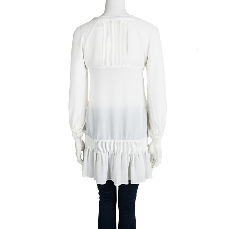Ermanno Scervino Off White Silk Pintucked Detail Long Sleeve Tunic S