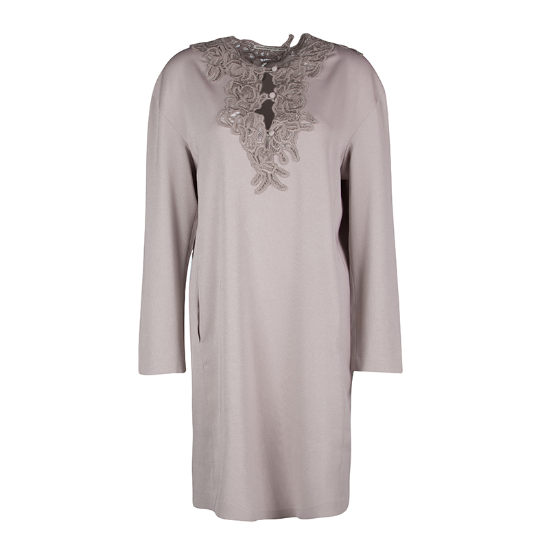 Image of Ermanno Scervino Beige Contrast Lace Neck Trim Detail Long Sleeve Dress L