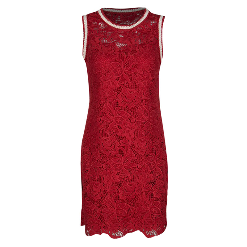 Ermanno Scervino Red Floral Lace Contrast Trim Sleeveless Dress S