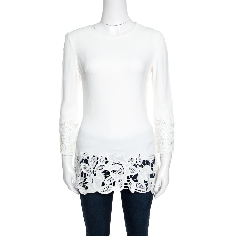 Ermanno Scervino Off White Floral Lace Trim Detail Long Sleeve Top S