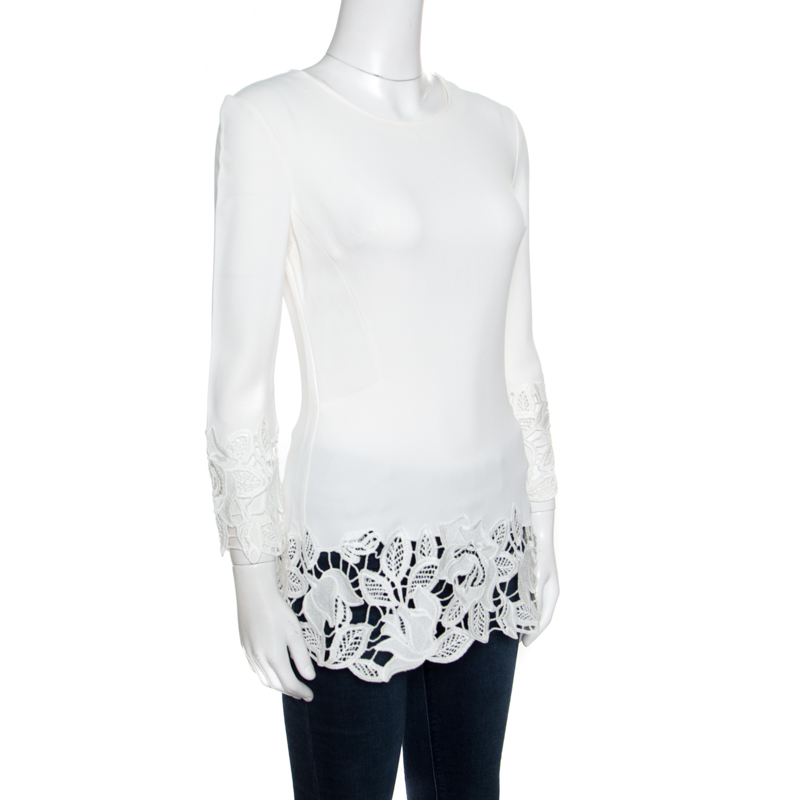 Ermanno Scervino Off White Floral Lace Trim Detail Long Sleeve Top S