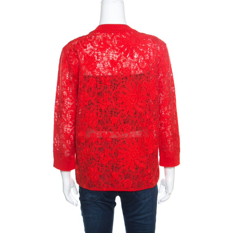 Ermanno Scervino Red Lace Paneled V Neck Sweater M