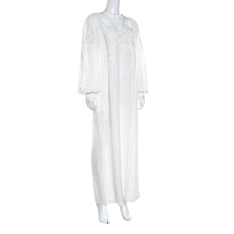 Ermanno Scervino White Floral Embroidered Lace Overlay Long Sleeve Ramie Dress M
