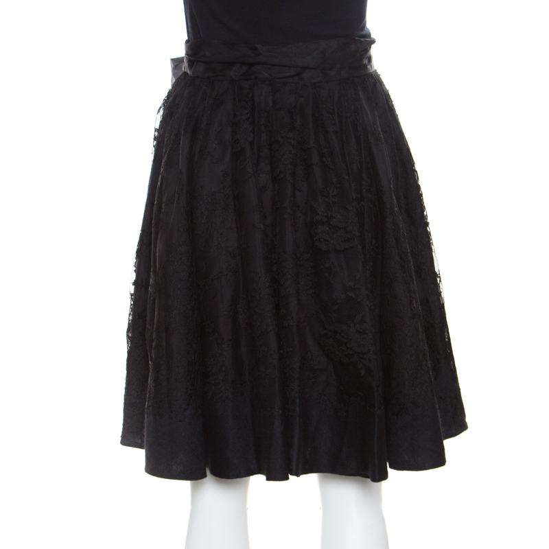 Ermanno Scervino Black Cashmere And Silk Bend Floral Lace A Line Skirt S