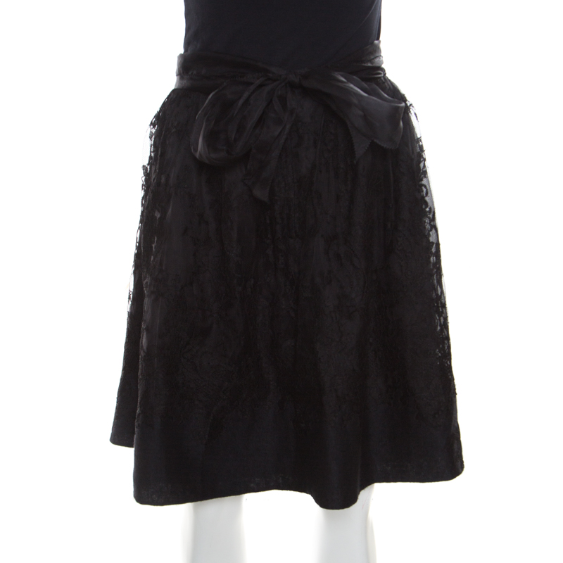 Ermanno scervino black cashmere and silk bend floral lace a line skirt s