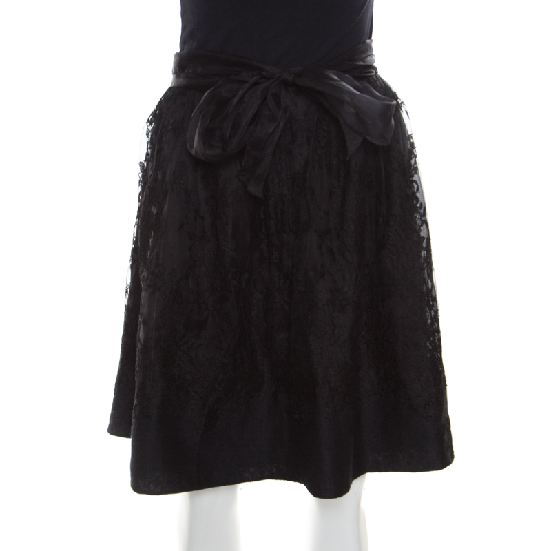 Ermanno Scervino Black Cashmere And Silk Bend Floral Lace A Line Skirt S