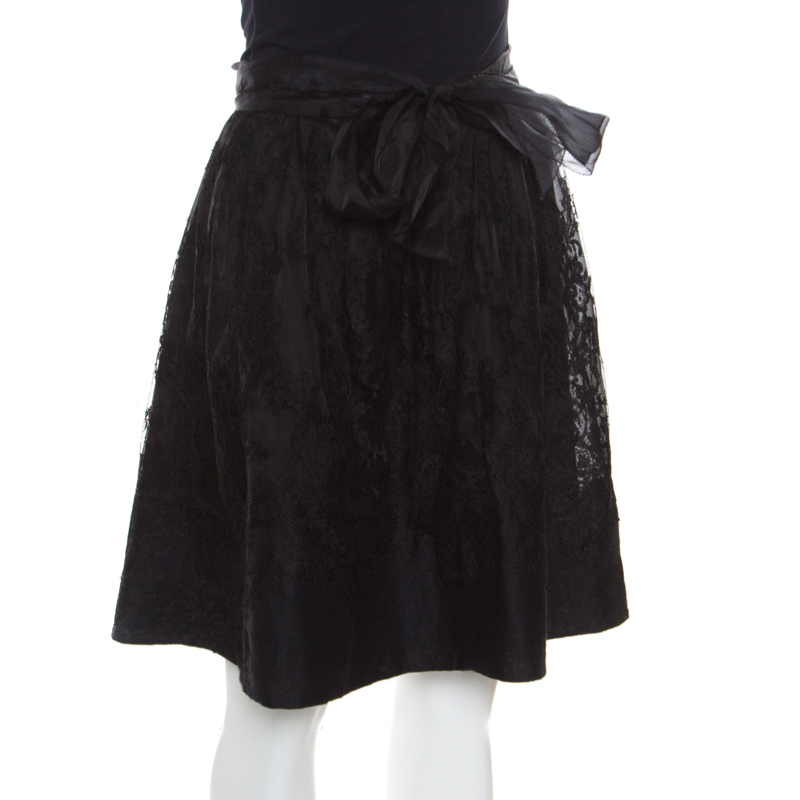 Ermanno Scervino Black Cashmere and Silk Bend Floral Lace A Line Skirt S