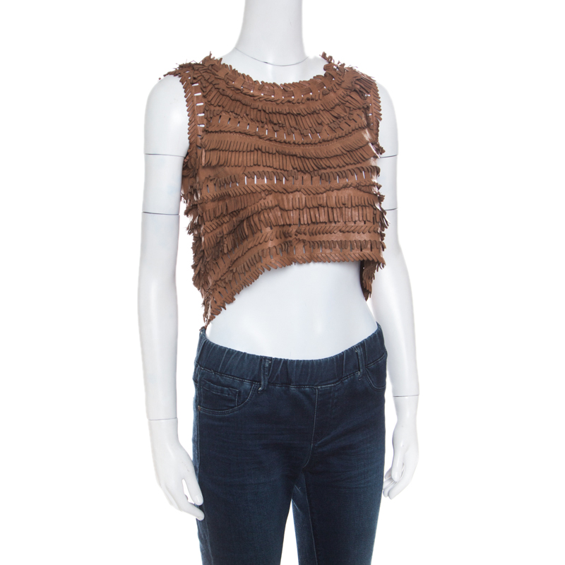 Ermanno Scervino Brown Leather Cutout Detail Fringed Top S