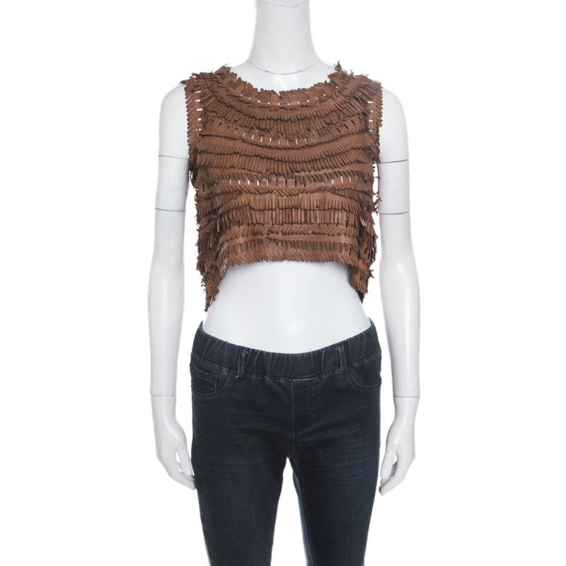Image of Ermanno Scervino Brown Leather Cutout Detail Fringed Top S