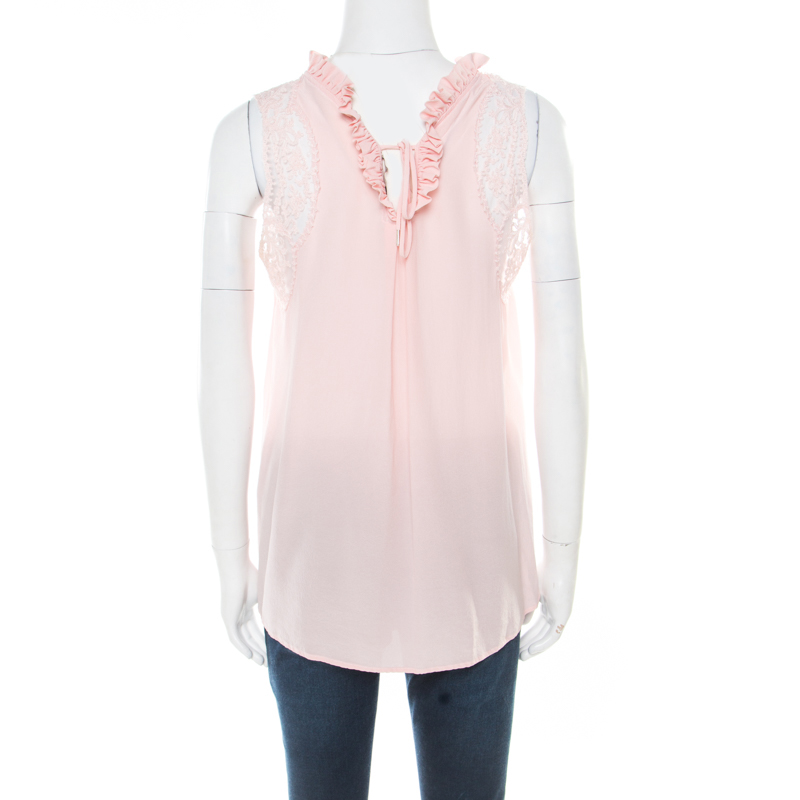 Ermanno Scervino Pink Sorbet Silk Floral Lace Trim Sleeveless Top M