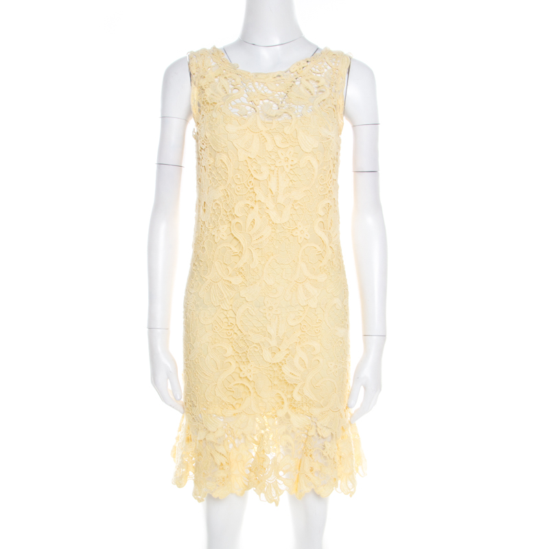 Ermanno scervino yellow guipure lace sleeveless flounce dress s